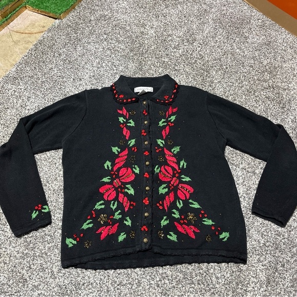 ARRIVISTE Womens Ugly Christmas Sweater Cardigan Black Sz M Mistletoe Vintage - Picture 1 of 10